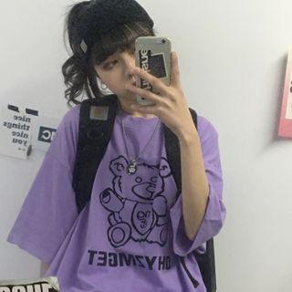 Bear Print Elbow-sleeve T-shirt Purple - One Size