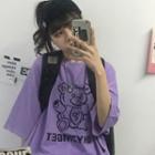 Bear Print Elbow-sleeve T-shirt Purple - One Size
