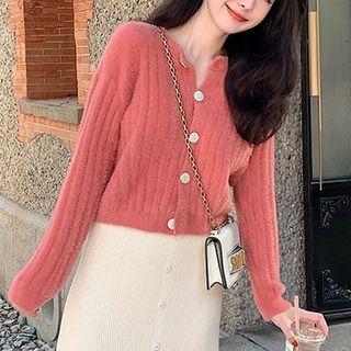 Plain Single-breasted Long-sleeve Faux Mink Cashmere Cardigan