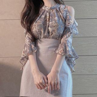 Long-sleeve Cold Shoulder Floral Print Chiffon Blouse