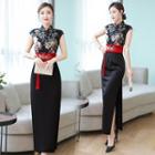 Traditional Chinese Cap-sleeve Floral Maxi Dress