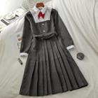 Long-sleeve Collared Pleated Midi A-line Dress Dark Gray - One Size