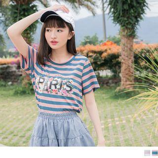 Lettering Floral Short-sleeve Stripe T-shirt
