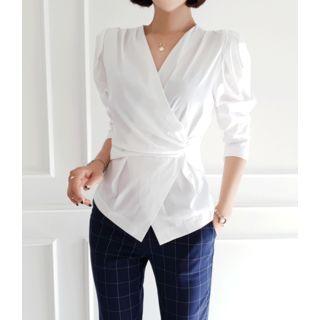 V-neck Zip-detail Shirred Blouse