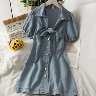 Ribbon-accent Denim Mini Shirtdress