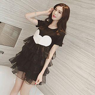 Contrast Color Layered Short-sleeve Dress