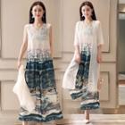 Patterned Tank Top / Straight Cut Pants / 3/4 Sleeve Light Jacket