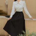 Set: Long-sleeve Beaded Blouse + Midi A-line Skirt