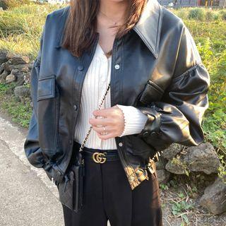 Pocket-detail Drawstring-waist Faux-leather Jacket