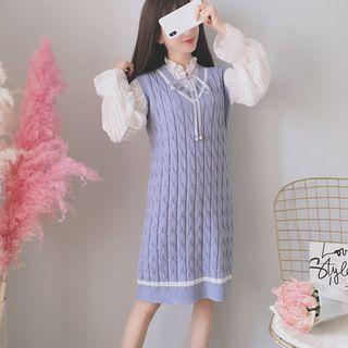 Set: Long-sleeve Chiffon Blouse + Cable-knit Midi Pinafore Dress