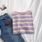Color-block Striped Crewneck Short-sleeve Top As Shown In Figure - One Size
