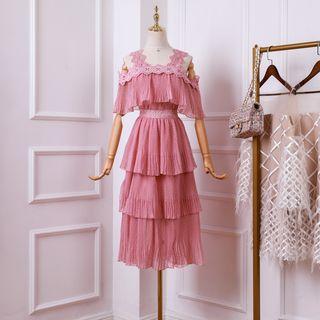 Elbow-sleeve Cold Shoulder Lace Trim Midi Tiered Dress
