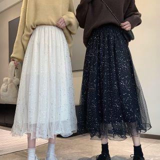 Glittered Mesh Overlay Midi Skirt