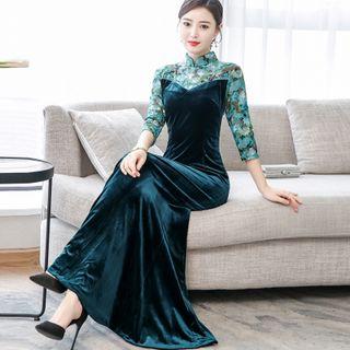 Flower 3/4-sleeve Velvet Evening Gown