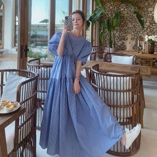 Elbow-sleeve Plaid Maxi A-line Dress