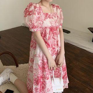 Puff-sleeve Print Dress Pink - One Size