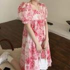 Puff-sleeve Print Dress Pink - One Size
