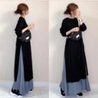 Set: Long-sleeve Slit Midi A-line Dress + Maxi A-line Skirt Set Of 2 - Dress & Skirt - Black & Gray - One Size