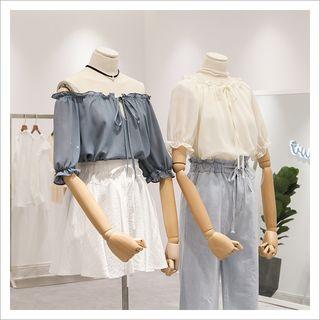 Off Shoulder Elbow Sleeve Chiffon Blouse