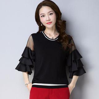 Sheer Panel Elbow-sleeve Knit Top