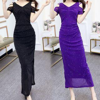 Glitter Cold Shoulder Slit Maxi Sheath Dress