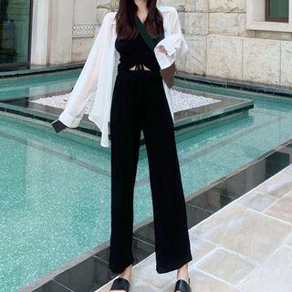 Spaghetti Strap Drawstring Top / Pants / Long-sleeve Shirt / Set