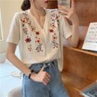 Flower Embroidered V-neck Short-sleeve Top