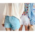Button-detail Distressed Shorts