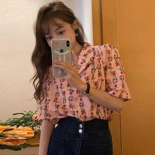 Short-sleeve Floral Print Shirt Pink - One Size