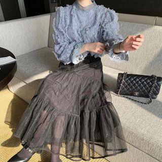 Long-sleeve Puffy Lace Top / Tiered Midi A-line Skirt