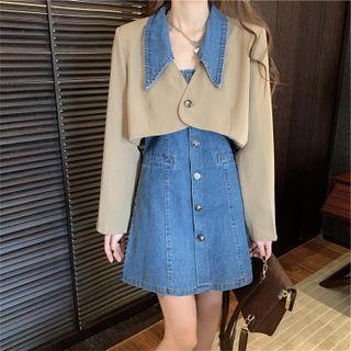 Set: Cropped Blazer + Spaghetti Strap Denim Dress