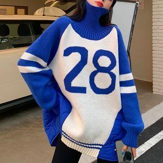 Mock Two-piece Turtleneck Number Jacquard Sweater