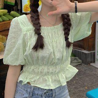 Puff-sleeve Frill Trim Crop Top Green - One Size