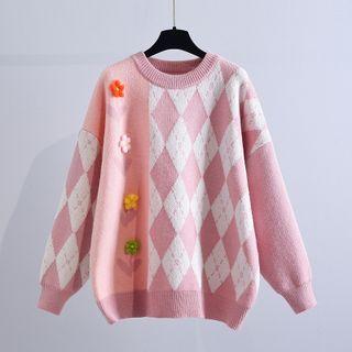Floral Applique Argyle Sweater