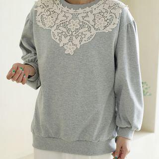 Balloon-sleeve Crochet-lace Panel Pullover