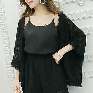 Set: Plain Camisole Top + Fringed Hem Shorts + Fringed Chiffon Coat