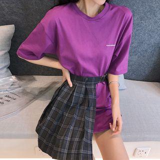 Elbow-sleeve Long T-shirt / Pleated Mini Skirt