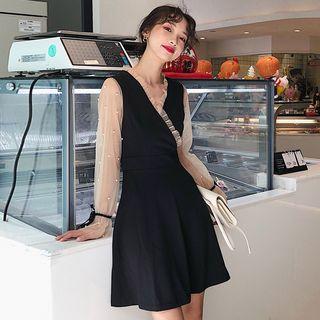 Faux Pearl Mesh Panel A-line Dress