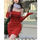 Spaghetti Strap Mini Sheath Dress / Fluffy Neck Warmer / Arm Sleeves / Set