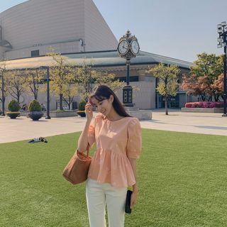 Flower Embroidery Empire Blouse Peach - One Size