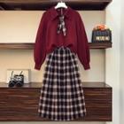 Collared Sweater / Plaid Midi A-line Skirt / Set