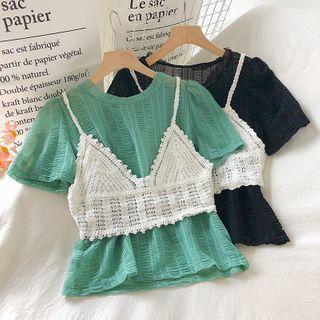 Set Of 2: Crop Camisole Top + See-through Short-sleeve Top