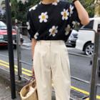 Flower Print Shirt-sleeve Knit Top As Shown In Figure - One Size
