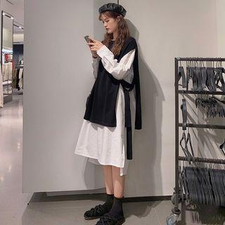 Collarless Shirtdress / Tie-side Knit Vest