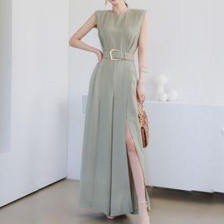 Set: Sleeveless Slit Maxi A-line Dress + Belt