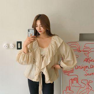 Ruffled Linen Blend Blouse & Cami Set Beige - One Size