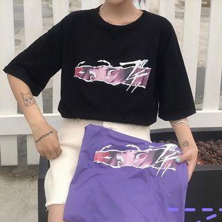 Elbow-sleeve Anime Printed T-shirt