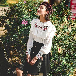 Frill Trim Embroidered Long-sleeve Chiffon Blouse