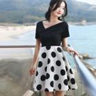 Short-sleeve Dotted Panel Mini A-line Dress