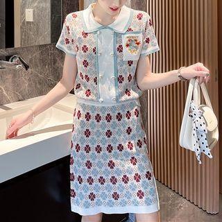 Set: Short-sleeve Collared Embroidered Clover Pattern Knit Top + Mini Pencil Skirt Set - Blue & White & Red & Brown - One Size